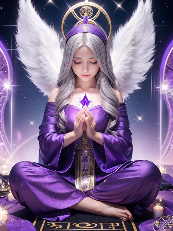 girl Angel Gray Hair fortune teller Sparkling front Prayer pose Purple outfit Tarot Cards