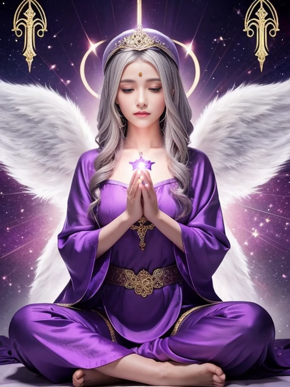 girl Angel Gray Hair fortune teller Sparkling front Prayer pose Purple outfit Tarot Cards