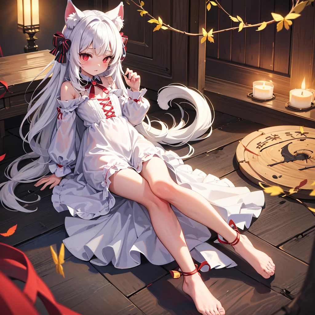 1 girl, masterpiece, best quality, Amazing, beautiful detailed eyes, finely detailed, depth of field, extremely detailed CG unity 8k wallpaper, full body, white hair, cat girl, , ghotic dress, red ribbon, (animal ears, cat ears, cat tail), village, red eyes, long hair, very long hair, (ultra-detailed),(detailed light), hair ornament.
Butterfly
