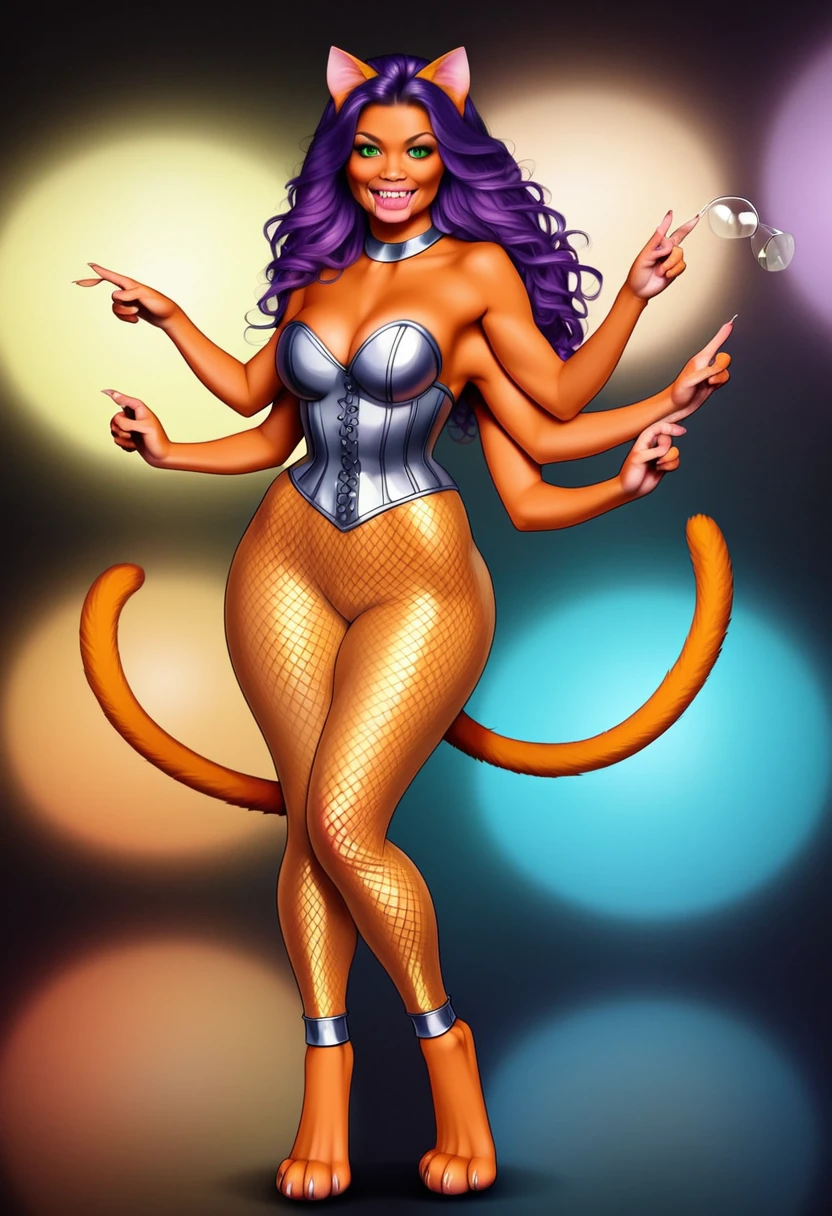 photorealistic, indian, older female, ifbb, bimbo, milf, multiple limbs, multiple arms, skinny, long legs, digitigrade, thick thighs, big calves, wide hips, big butt, forked tail, cat tail, cat ears, snout, maw, fangs, thick lips, slit eyes, colored body, orange body, orange skin, orange fur, purple hair, green eyes, transparent glass corset, golden translucent super reflective glossy gold sari, iridescent see-through mesh arabic pants