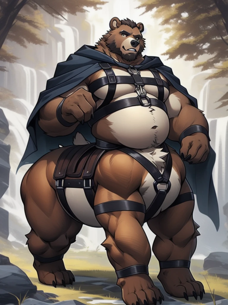 brown bear, furry, fur taur, beartaur, middle-age, detailed face, bear ears, bear eyes(brown), bear nose(black), bear mouth, garibaldi beard(white), mature hair(white), detailed arms, strongest, hands(5 fingers), detailed body belly, muscle belly(white), chest harness, detailed taur body, cloak covering full body, bear paws, bear tail