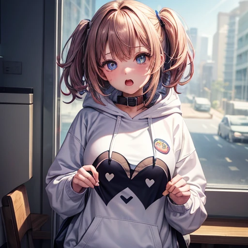 masterpiece,One girl,alone ,Heart-shaped pupils,Open your mouth,hoodie,, Static Restraints,