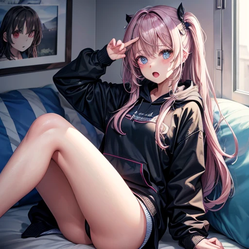 masterpiece,One girl,alone ,Heart-shaped pupils,Open your mouth,hoodie,, Static Restraints,
