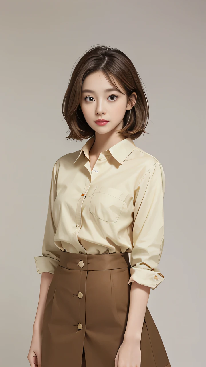 She is short, Brown hair and hazel eyes. She wore a simple salmon colored button down shirt and a short green skirt.