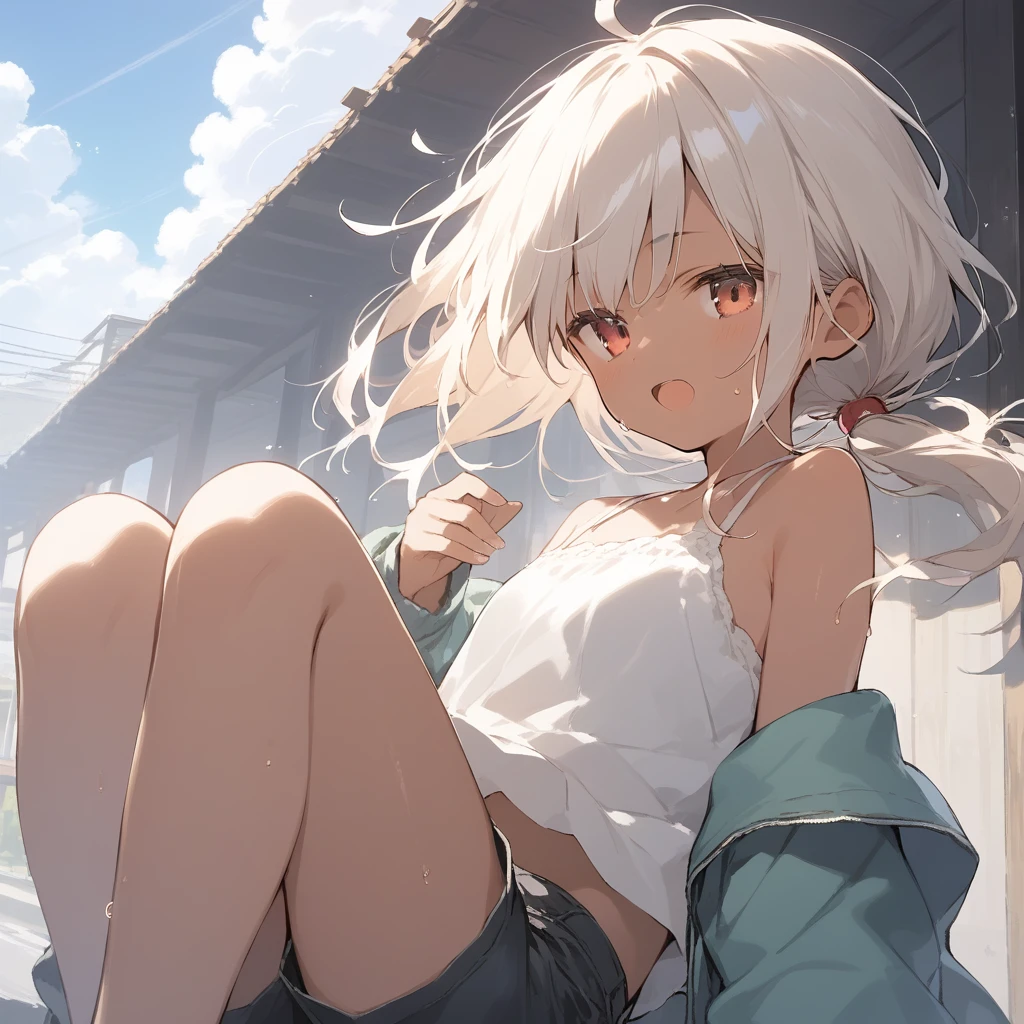 score_9, score_8_up, score_7_up, source_anime, best quality, masterpiece, official art, absurdres, highres, ultra-detailed,waifu2x,Collection: Slice of Life,break,1girl, tomboy, dark-skinned female, short hair, low ponytail, flat chest, beautiful detailed eyes, short shorts, sweat, open mouth, (yawn:0.3), sleepily, outdoors, wind, break,(clear line illustration:1.2),very high resolution, very aesthetic, super detailed skin, Best sexual lighting powered by famous artist, 8k,cute picture,beauty illustration,photoshop_(medium),,(Detailed Lighting),best anime 8k konachan wallpaper, pixiv contest winner,