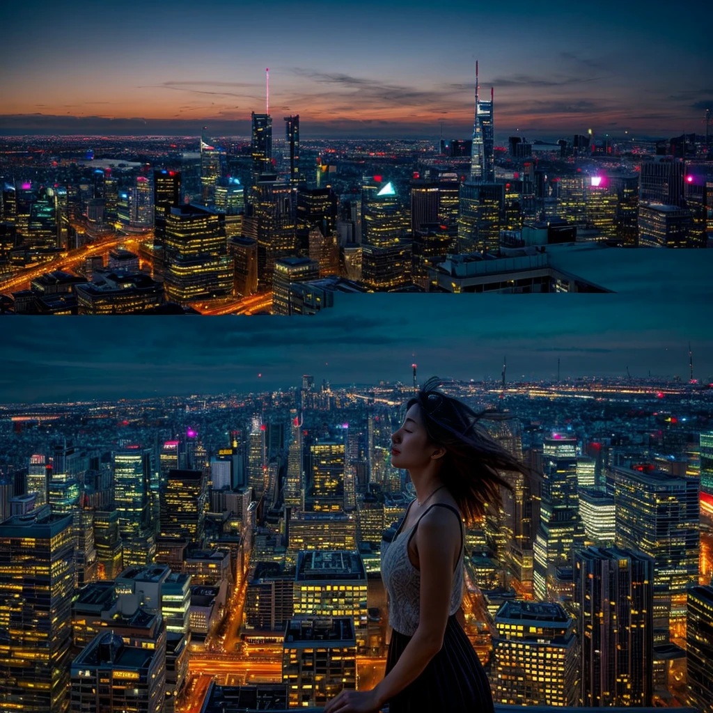 
Create a tranquil and inspiring CD jacket that captures the essence of finding peace in a bustling cityscape. Use a palette of deep twilight blues, warm sunset oranges, and soft purples to depict the transitioning sky. The central image should be a young woman standing on a rooftop, her hair gently blown by the evening breeze, overlooking the glowing city below. The cityscape should be detailed, with twinkling lights and silhouetted buildings fading into the horizon. Surround her with subtle stars beginning to appear in the sky, symbolizing dreams and hope. The art style should blend realism with a touch of dreaminess, evoking a sense of calm and introspection, highlighting the contrast between the busy city and the serene rooftop sanctuar、 High resolution, masterpiece, Highest quality, Intricate details, Very detailed, Clear focus, Delicate skin, practical skin texture, texture, Delicate eyes, Professional, 4K, Shot with Canon, 85mm, Shallow and deep,  Kodak Vision Color, Exactly, Very detailed, photograph_\(Extremist\), photographpractical, practical, Post-processing, Maximum details, Roughness, Real Life, Extremist practical, Photorealism, photographgraphy, 8K Ultra HD, photographgraphy