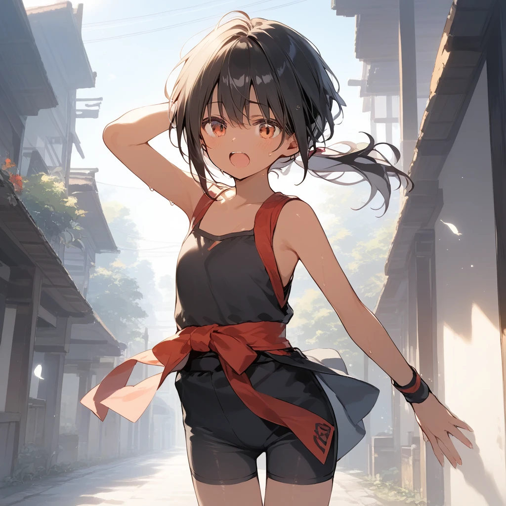 score_9, score_8_up, score_7_up, source_anime, best quality, masterpiece, official art, absurdres, highres, ultra-detailed,waifu2x,Collection: Slice of Life,break,1girl, tomboy, dark-skinned female, short hair, low ponytail, flat chest, beautiful detailed eyes, ninja, bike shorts, sweat, open mouth, (yawn:0.3), sleepily, outdoors, wind, break,(clear line illustration:1.2),very high resolution, very aesthetic, super detailed skin, Best sexual lighting powered by famous artist, 8k,cute picture,beauty illustration,photoshop_(medium),,(Detailed Lighting),best anime 8k konachan wallpaper, pixiv contest winner, 