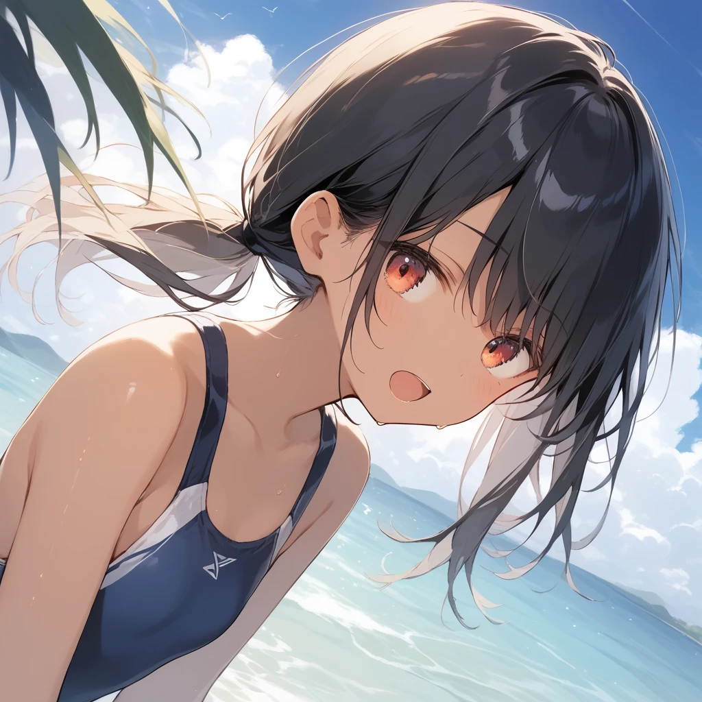 score_9, score_8_up, score_7_up, source_anime, best quality, masterpiece, official art, absurdres, highres, ultra-detailed,waifu2x,Collection: Slice of Life,break,1girl, tomboy, dark-skinned female, short hair, low ponytail, flat chest, beautiful detailed eyes, swimsuit, sweat, open mouth, (yawn:0.3), sleepily, ocean, outdoors, wind, break,(clear line illustration:1.2),very high resolution, very aesthetic, super detailed skin, Best sexual lighting powered by famous artist, 8k,cute picture,beauty illustration,photoshop_(medium),,(Detailed Lighting),best anime 8k konachan wallpaper, pixiv contest winner,