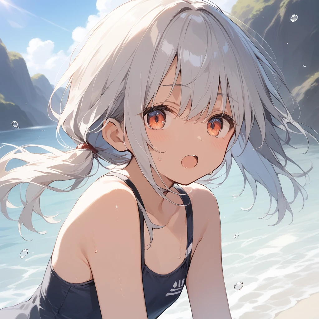 score_9, score_8_up, score_7_up, source_anime, best quality, masterpiece, official art, absurdres, highres, ultra-detailed,waifu2x,Collection: Slice of Life,break,1girl, tomboy, dark-skinned female, short hair, low ponytail, flat chest, beautiful detailed eyes, swimsuit, sweat, open mouth, (yawn:0.3), sleepily, ocean, outdoors, wind, break,(clear line illustration:1.2),very high resolution, very aesthetic, super detailed skin, Best lighting powered by famous artist, 8k,cute picture,beauty illustration,photoshop_(medium),,(Detailed Lighting),best anime 8k konachan wallpaper, pixiv contest winner,