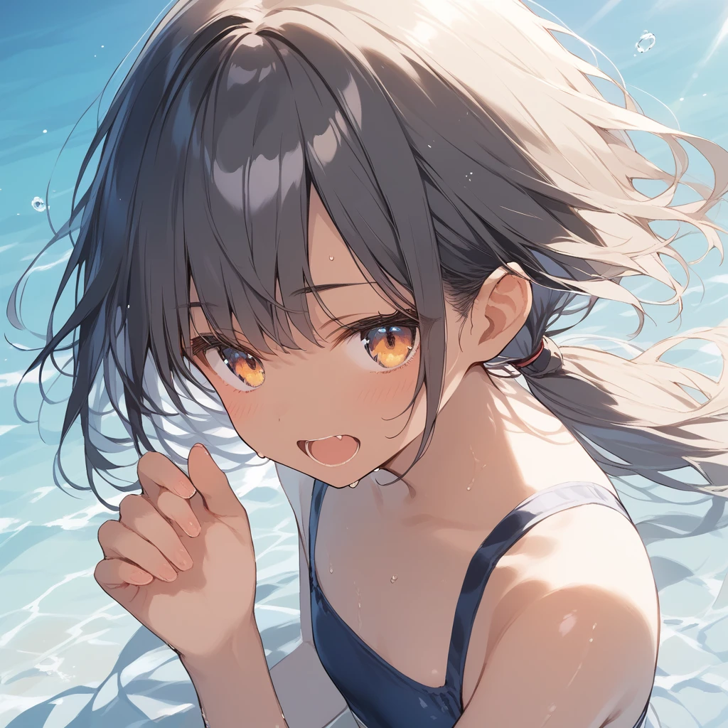 score_9, score_8_up, score_7_up, source_anime, best quality, masterpiece, official art, absurdres, highres, ultra-detailed,waifu2x,Collection: Slice of Life,break,1girl, tomboy, dark-skinned female, short hair, low ponytail, flat chest, beautiful detailed eyes, swimsuit, sweat, open mouth, (yawn:0.3), sleepily, ocean, outdoors, wind, break,(clear line illustration:1.2),very high resolution, very aesthetic, super detailed skin, Best sexual lighting powered by famous artist, 8k,cute picture,beauty illustration,photoshop_(medium),,(Detailed Lighting),best anime 8k konachan wallpaper, pixiv contest winner,