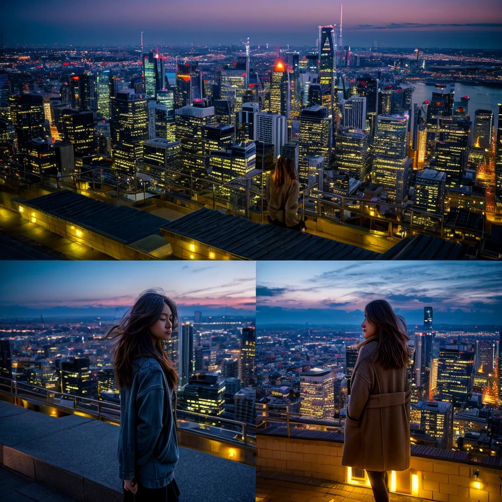 Create a tranquil and inspiring CD jacket that captures the essence of finding peace in a bustling cityscape. Use a palette of deep twilight blues, warm sunset oranges, and soft purples to depict the transitioning sky. The central image should be a young woman standing on a rooftop, her hair gently blown by the evening breeze, overlooking the glowing city below. The cityscape should be detailed, with twinkling lights and silhouetted buildings fading into the horizon. Surround her with subtle stars beginning to appear in the sky, symbolizing dreams and hope. The art style should blend realism with a touch of dreaminess, evoking a sense of calm and introspection, highlighting the contrast between the busy city and the serene rooftop sanctuary.
。 High resolution, masterpiece, Highest quality, Intricate details, Very detailed, Clear focus, Delicate skin, practical skin texture, texture, Delicate eyes, Professional, 4K, Shot with Canon, 85mm, Shallow and deep, Kodak Vision Color, Exactly, Very detailed, photograph_\(Extremist\), photographpractical, practical, Post-processing, Maximum details, Roughness, Real Life, Extremist practical, Photorealism, photographgraphy, 8K Ultra HD, photographgraphy
