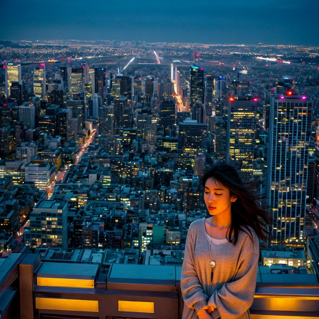 
Create a tranquil and inspiring CD jacket that captures the essence of finding peace in a bustling cityscape. Use a palette of deep twilight blues, warm sunset oranges, and soft purples to depict the transitioning sky. The central image should be a young woman standing on a rooftop, her hair gently blown by the evening breeze, overlooking the glowing city below. The cityscape should be detailed, with twinkling lights and silhouetted buildings fading into the horizon. Surround her with subtle stars beginning to appear in the sky, symbolizing dreams and hope. The art style should blend realism with a touch of dreaminess, evoking a sense of calm and introspection, highlighting the contrast between the busy city and the serene rooftop sanctuary.
。 High resolution, masterpiece, Highest quality, Intricate details, Very detailed, Clear focus, Delicate skin, practical skin texture, texture, Delicate eyes, Professional, 4K, Shot with Canon, 85mm, Shallow and deep,  Kodak Vision Color, Exactly, Very detailed, photograph_\(Extremist\), photographpractical, practical, Post-processing, Maximum details, Roughness, Real Life, Extremist practical, Photorealism, photographgraphy, 8K Ultra HD, photographgraphy