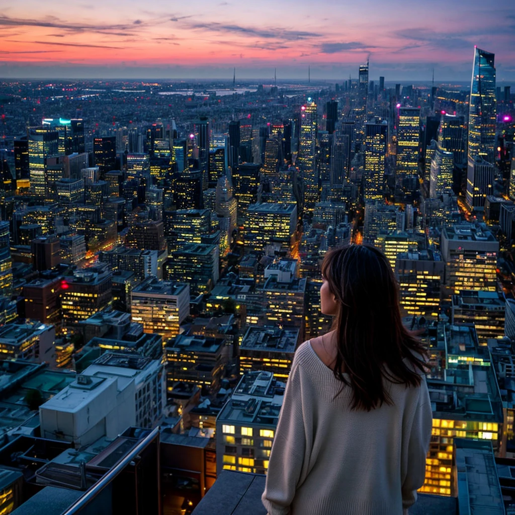 
Create a tranquil and inspiring CD jacket that captures the essence of finding peace in a bustling cityscape. Use a palette of deep twilight blues, warm sunset oranges, and soft purples to depict the transitioning sky. The central image should be a young woman standing on a rooftop, her hair gently blown by the evening breeze, overlooking the glowing city below. The cityscape should be detailed, with twinkling lights and silhouetted buildings fading into the horizon. Surround her with subtle stars beginning to appear in the sky, symbolizing dreams and hope. The art style should blend realism with a touch of dreaminess, evoking a sense of calm and introspection, highlighting the contrast between the busy city and the serene rooftop sanctuary.
。 High resolution, masterpiece, Highest quality, Intricate details, Very detailed, Clear focus, Delicate skin, practical skin texture, texture, Delicate eyes, Professional, 4K, Shot with Canon, 85mm, Shallow and deep,  Kodak Vision Color, Exactly, Very detailed, photograph_\(Extremist\), photographpractical, practical, Post-processing, Maximum details, Roughness, Real Life, Extremist practical, Photorealism, photographgraphy, 8K Ultra HD, photographgraphy