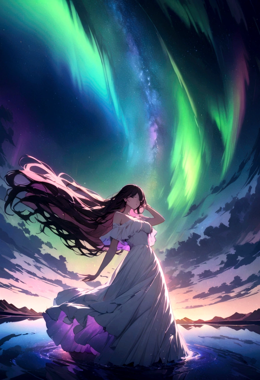 A stunning 8K RAW masterpiece, Glitter Splash captures the beauty of space, Girl in white dress, Breathtaking views of the Aurora Borealis dancing in the Milky Way. .((Uyuni salt lake))