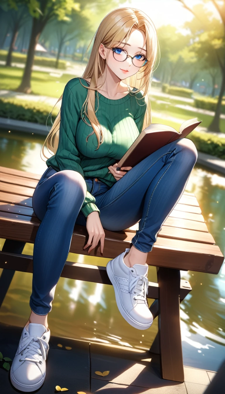 best quality, highres, 8k, masterpiece, immersive atmosphere, chiaroscuro:(1.5, bright light:1.2, luminous lighting), blurring, (background blur:1.5),
(dynamic angle, seductive pose:1.2, sitting), park, pond, bench, (legs focus, full body:1.5), delicate features, (beautiful face, beautiful eyes, beautiful legs), not safe for work, (opaque:1.5), high contrast, SDXL,
1girl, (25 years old:1.5), white skin, blue eyes, (reading glasses:1.2), blonde hair, straight hair, long hair, (forehead:1.2), bright lips, seductive smile, (slender figure:1.1), (green sweater:1.2), large breast, hard nipples, (jeans pants:1.4, blue jeans:1.4, skinny jeans:1.2), (white sneakers:1.2),