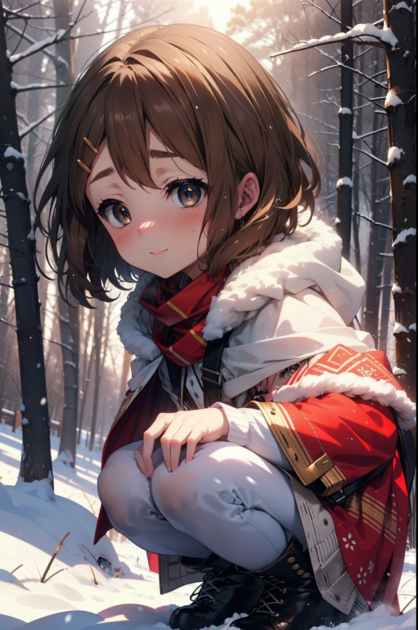 yuihirasawa, Yui Hirasawa, short hair, Brown Hair, hair ornaments, (Brown eyes:1.5), Hair Clip、smile,smile,blush,White Breath,
Open your mouth,snow,Ground bonfire,, Outdoor, boots, snowing, From the side, wood, suitcase, Cape, Blurred, , forest, White handbag, nature, Squat, Mouth closed, Cape, winter, Written boundary depth, Black shoes, red Cape break looking at viewer, Upper Body, whole body, break Outdoor, forest, nature, break (masterpiece:1.2), Highest quality, High resolution, unity 8k wallpaper, (shape:0.8), (Beautiful and beautiful eyes:1.6), Highly detailed face, Perfect lighting, Extremely detailed CG, (Perfect hands, Perfect Anatomy),