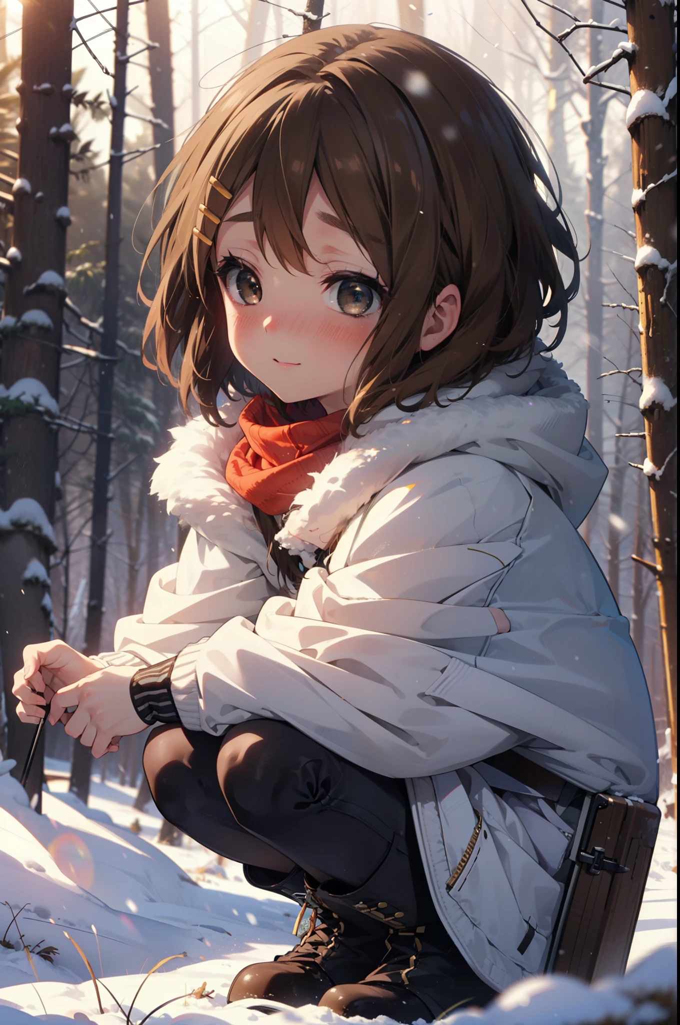 yuihirasawa, Yui Hirasawa, short hair, Brown Hair, hair ornaments, (Brown eyes:1.5), Hair Clip、smile,smile,blush,White Breath,
Open your mouth,snow,Ground bonfire,, Outdoor, boots, snowing, From the side, wood, suitcase, Cape, Blurred, , forest, White handbag, nature, Squat, Mouth closed, Cape, winter, Written boundary depth, Black shoes, red Cape break looking at viewer, Upper Body, whole body, break Outdoor, forest, nature, break (masterpiece:1.2), Highest quality, High resolution, unity 8k wallpaper, (shape:0.8), (Beautiful and beautiful eyes:1.6), Highly detailed face, Perfect lighting, Extremely detailed CG, (Perfect hands, Perfect Anatomy),