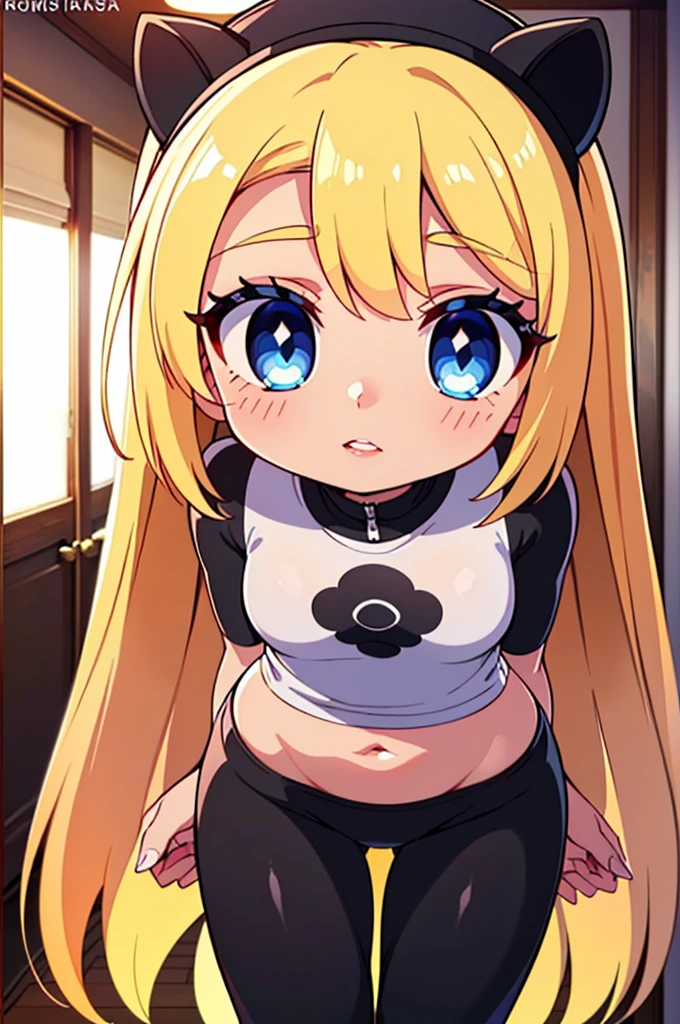 Loli,long blonde  hair ,Brown skin,blue eyes ,very thin legs ,sexy lower abdomen,black crop top,black miniskirt ,black pantyhose, bedroom,pigtails , cleavage,erotic pose ,Open legs ,i see her panties