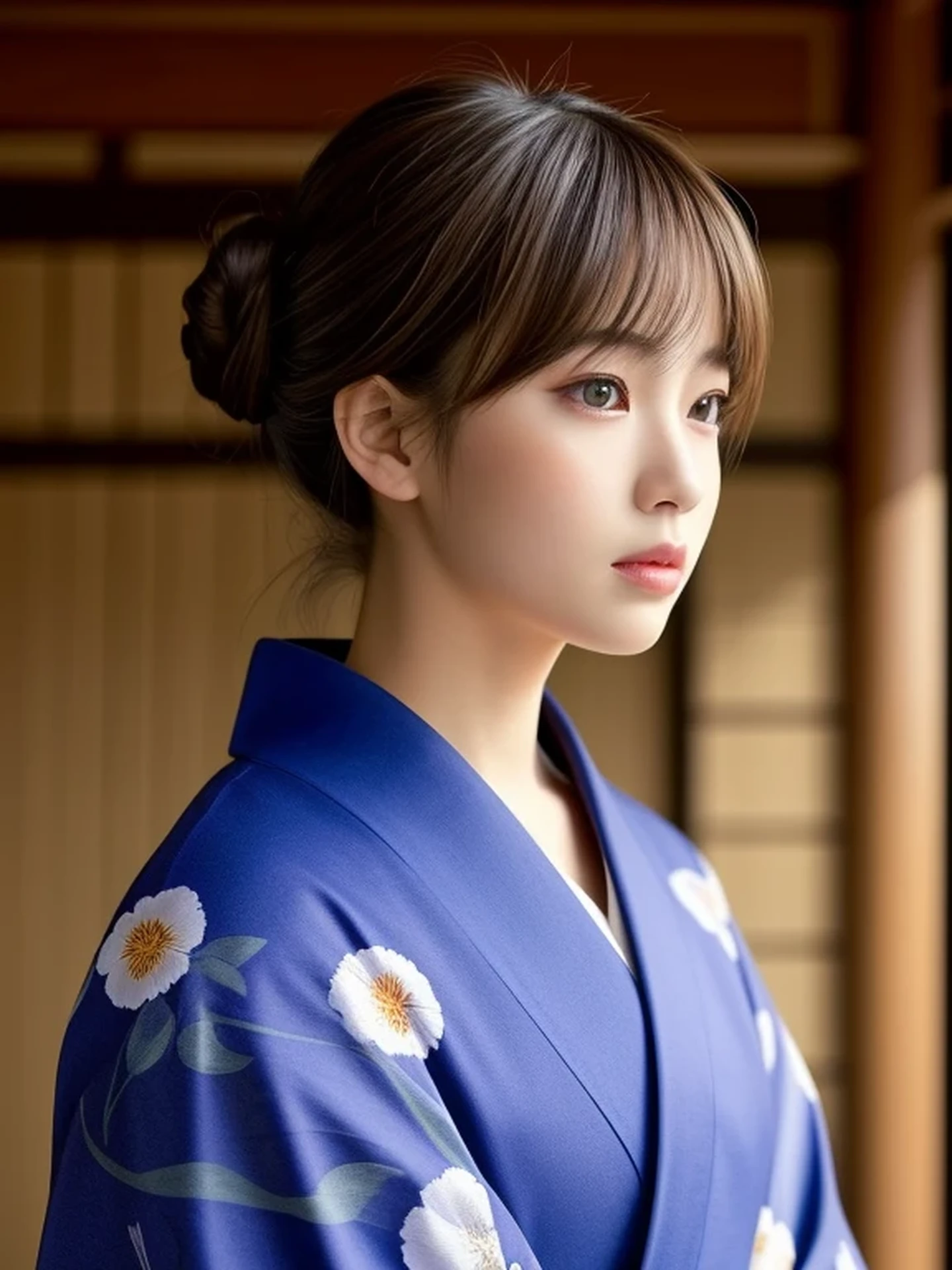 1 Japanese girl, (looking away:1.4), (full body shot:1.2), Beautifully detailed eyeballs, catchlight in the eyes, Realistic digital painting of a woman portrait, Shy, Cute, open mouth to say something, happy, brown eyes, (half updo,:1.1), (light brown brunette hair:1.3), (Highly detailed skin:1.2), Mystical style, Global Illumination, Traditional Japanese floral printed Kimono, A silk kimono with a deep indigo base. temple