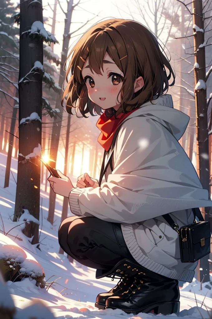 yuihirasawa, Yui Hirasawa, short hair, Brown Hair, hair ornaments, (Brown eyes:1.5), Hair Clip、smile,smile,blush,White Breath,
Open your mouth,snow,Ground bonfire,, Outdoor, boots, snowing, From the side, wood, suitcase, Cape, Blurred, , forest, White handbag, nature, Squat, Mouth closed, Cape, winter, Written boundary depth, Black shoes, red Cape break looking at viewer, Upper Body, whole body, break Outdoor, forest, nature, break (masterpiece:1.2), Highest quality, High resolution, unity 8k wallpaper, (shape:0.8), (Beautiful and beautiful eyes:1.6), Highly detailed face, Perfect lighting, Extremely detailed CG, (Perfect hands, Perfect Anatomy),