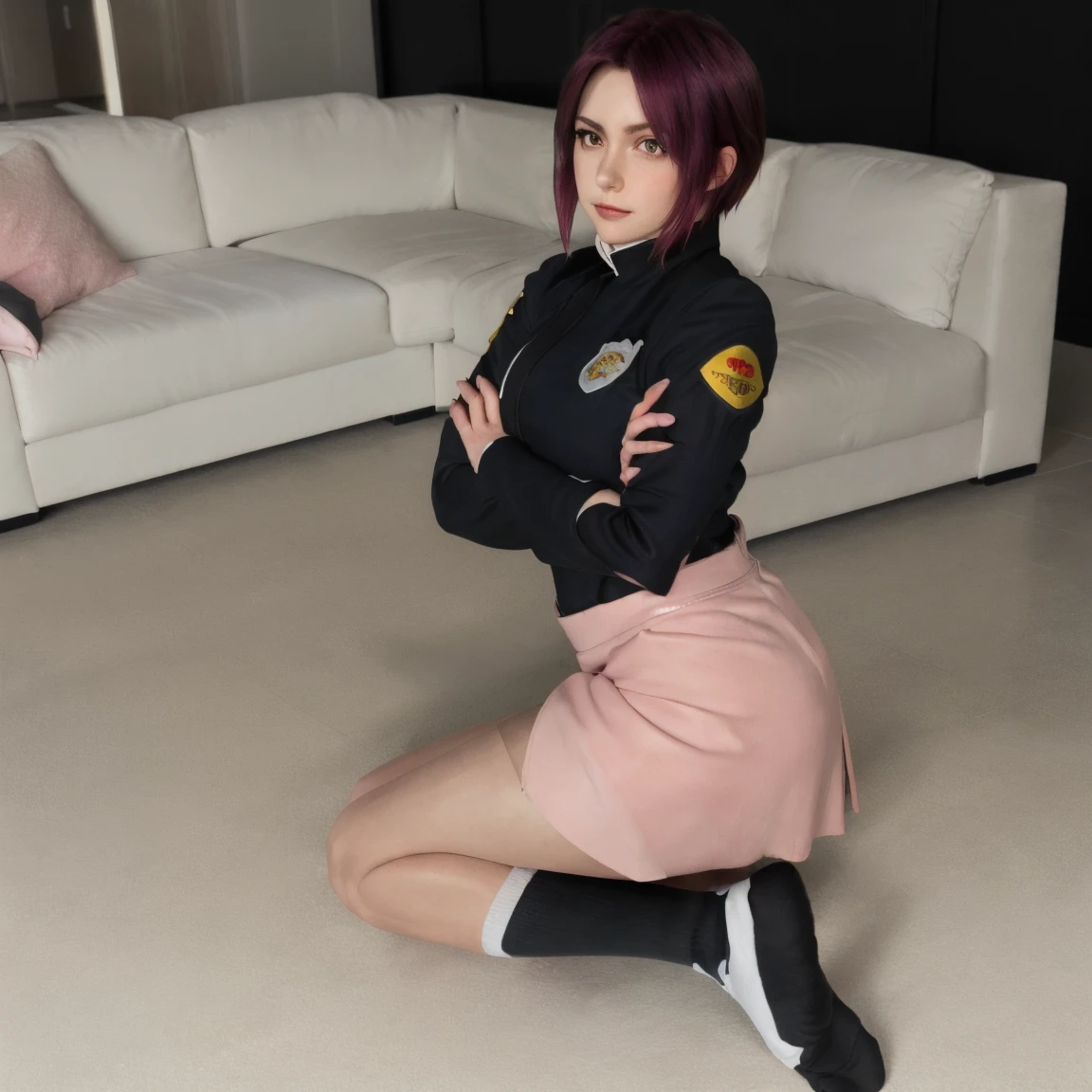 masterpiece, Highest quality, High resolution, One girl, alone, Pink Skirt, uniform, short hair, Ahoge, Black knee socks, Redhead, Purple eyes, Purple Hair, Long sleeve, blush, Sexy pose, Kneel on the floor, Seductive pose, museum, Full Shot, View from the side
