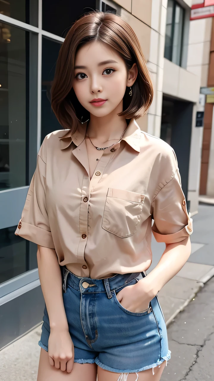 She is short, Brown hair and hazel eyes. She wore a simple salmon colored button down shirt and denim shorts.