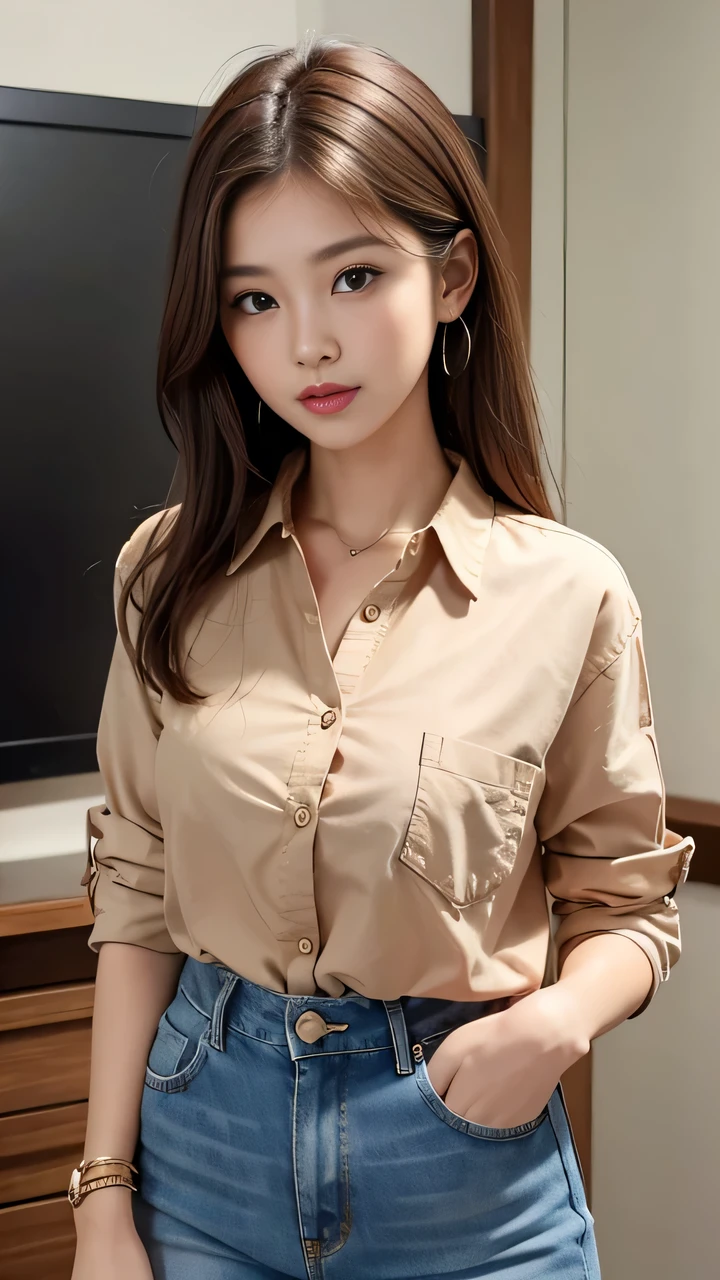 She is short, Brown hair and hazel eyes. She wore a simple salmon colored button down shirt and denim shorts.