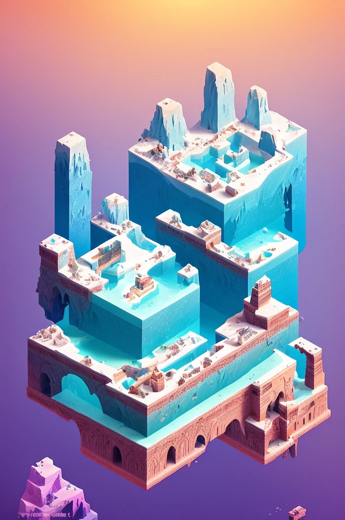 A cube，3 penguins looking for a treasure chest on a puzzle map,Beautifully sophisticated，Sea view，iceberg，Creative scene design，trending on Art Station, Monument Valley, Level Design, Low Poly, Isometric Art, 3D Art, High Detail, Art Station, Concept Art, behance, Ray Tracing, Smooth, Clear focus, Ethereal Lights