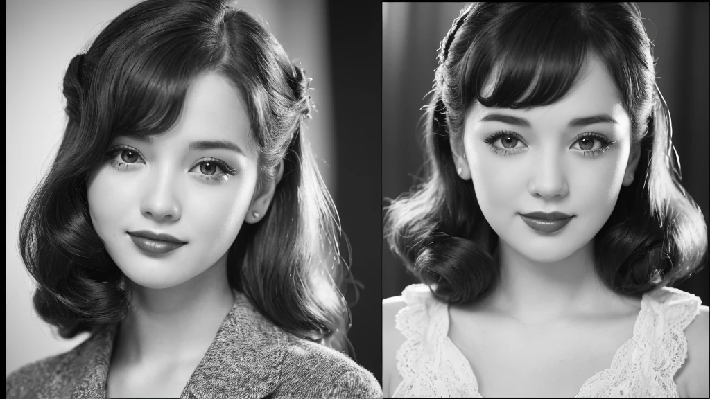 (1940s girl:1.3), (1girl:1.3), (smile shyly), (highly detailed face), (extremely detailed beautiful face), (Early Showa hairstyle, retro hairstyle, 1940 fashionable clothing, oldies fashion:1.4), (Best Quality:1.4), (Ultra-detailed), extremely detailed CG unified 8k wallpaper, Realistic portrait, Beautiful detailed, High-definition raw color photos, professional photography, (fine face:1.2), focus on women, (oldies, oldies songs, Old photos, retro photos, sepia photos, black and white photos, valuable photos that give you a sense of the times), (A scene from a retro musical movie from the 1940s),