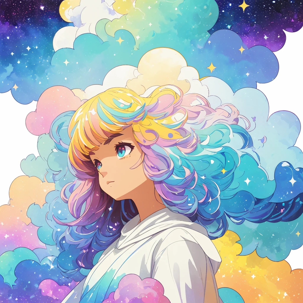 ((masterpiece)), (((best quality))), ((ultra-detailed)), ((illustration)),[realism light effect],shadow,(Fantasy style),(white background:1.6), simple background, (earth theme),(a cloak)[(hair focus,((1girl)),[(big slime hair): (cloud hair):0.3], (hair on background),(high saturation),(hair surrounded by galaxy splashes),)):((her hair is becoming galaxy clouds,:1.27628), (hair and clothes is galaxy clouds and cluster of stars:1.1025),(a cloak is becoming galaxy clouds)(colorful_galaxy_print_clusters_of_stars_print:1.35),((detailed starry sky with colorful galaxy and galaxy clouds):1.2)):0.35], (((masterpiece))),(((best quality))),((ultra-detailed)),(illustration),(dynamic angle),((floating)),(paint),((disheveled hair)),((beautiful detailed face)),collar,bare shoulders, ((colorful hair)),((streaked hair)),beautiful detailed eyes,(Gradient color eyes),(((colorful eyes))),(((colorful background))),(((high saturation))),(((surrounded by colorful splashes))),(((surrounded by colorful dot))),colorful bubble,((shining)),(teacher)