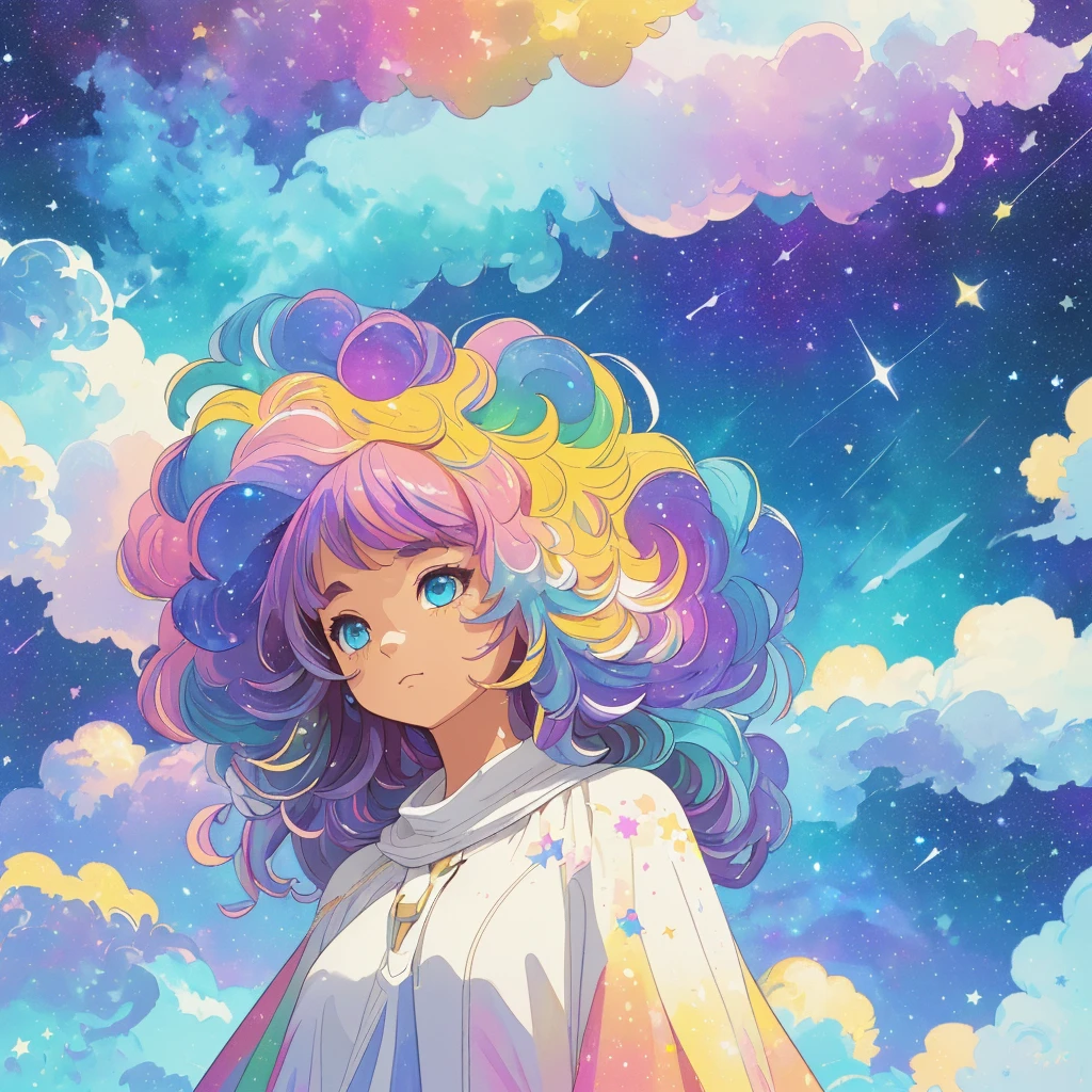 ((masterpiece)), (((best quality))), ((ultra-detailed)), ((illustration)),[realism light effect],shadow,(Fantasy style),(white background:1.6), simple background, (earth theme),(a cloak)[(hair focus,((1girl)),[(big slime hair): (cloud hair):0.3], (hair on background),(high saturation),(hair surrounded by galaxy splashes),)):((her hair is becoming galaxy clouds,:1.27628), (hair and clothes is galaxy clouds and cluster of stars:1.1025),(a cloak is becoming galaxy clouds)(colorful_galaxy_print_clusters_of_stars_print:1.35),((detailed starry sky with colorful galaxy and galaxy clouds):1.2)):0.35], (((masterpiece))),(((best quality))),((ultra-detailed)),(illustration),(dynamic angle),((floating)),(paint),((disheveled hair)),((beautiful detailed face)),collar,bare shoulders, ((colorful hair)),((streaked hair)),beautiful detailed eyes,(Gradient color eyes),(((colorful eyes))),(((colorful background))),(((high saturation))),(((surrounded by colorful splashes))),(((surrounded by colorful dot))),colorful bubble,((shining)),(teacher)