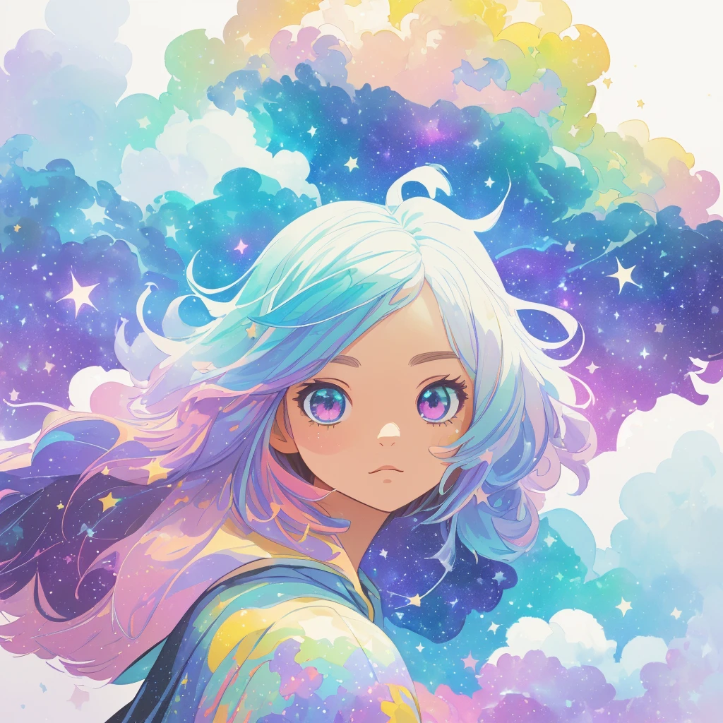 ((masterpiece)), (((best quality))), ((ultra-detailed)), ((illustration)),[realism light effect],shadow,(Fantasy style),(white background:1.6), simple background, (earth theme),(a cloak)[(hair focus,((1girl)),[(big slime hair): (cloud hair):0.3], (hair on background),(high saturation),(hair surrounded by galaxy splashes),)):((her hair is becoming galaxy clouds,:1.27628), (hair and clothes is galaxy clouds and cluster of stars:1.1025),(a cloak is becoming galaxy clouds)(colorful_galaxy_print_clusters_of_stars_print:1.35),((detailed starry sky with colorful galaxy and galaxy clouds):1.2)):0.35], (((masterpiece))),(((best quality))),((ultra-detailed)),(illustration),(dynamic angle),((floating)),(paint),((disheveled hair)),((beautiful detailed face)),collar,bare shoulders, ((colorful hair)),((streaked hair)),beautiful detailed eyes,(Gradient color eyes),(((colorful eyes))),(((colorful background))),(((high saturation))),(((surrounded by colorful splashes))),(((surrounded by colorful dot))),colorful bubble,((shining)),(teacher)
