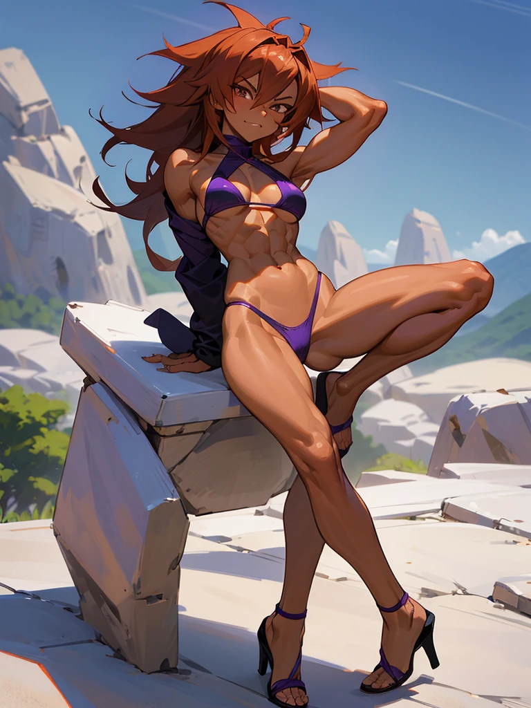 18 year old Yoruichi Shihōin from Bleach with tanned skin in a purple thong bikini flexing her muscles with her hands behind her head so they are not visible to pridefully show off her rock hard abs and sitting on her heels on a mountain ledge, highly detailed 