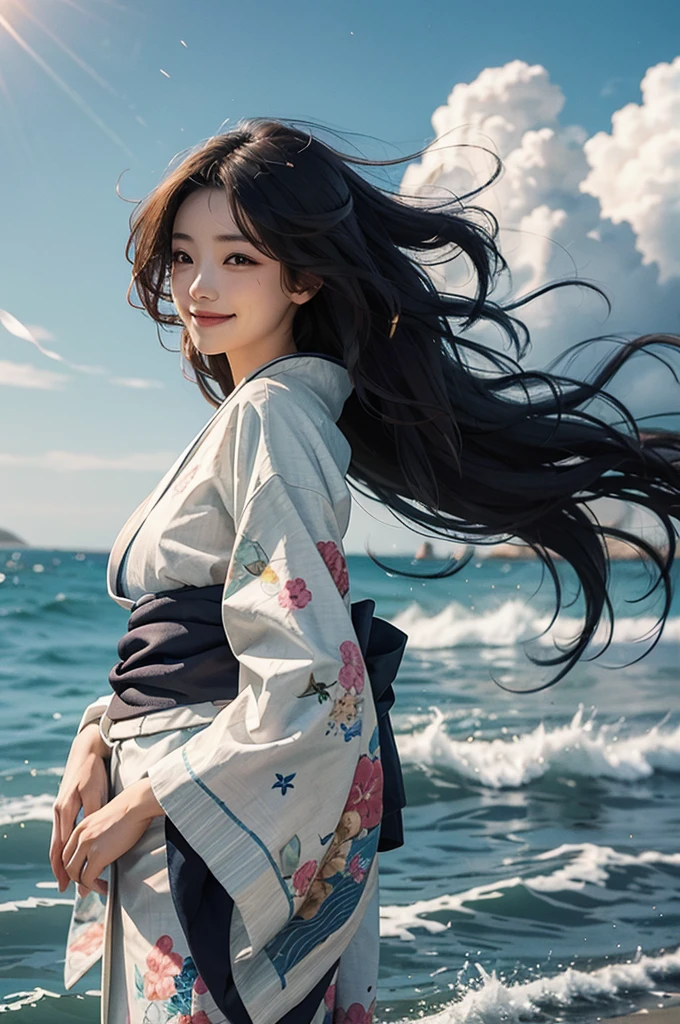 A beautiful woman wearing a wavy kimono is smiling on the beach under the summer sky, her hair blown by the wind