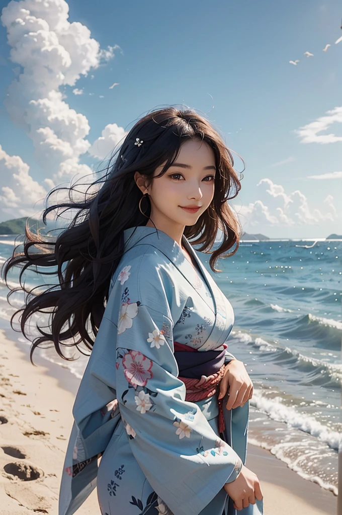 A beautiful woman wearing a wavy kimono is smiling on the beach under the summer sky, her hair blown by the wind
