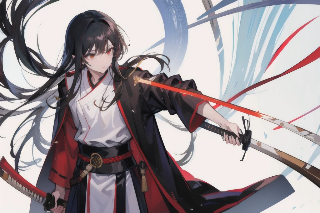 A 19 year old man with long black hair wearing a brown robe and a Dark Abys Katana