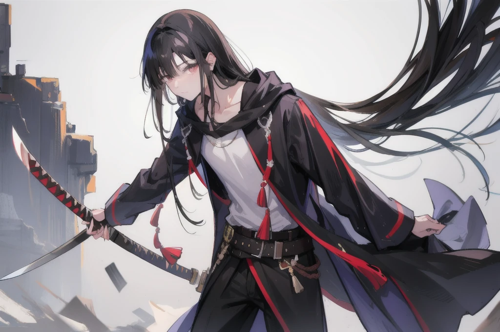 A 19 year old man with long black hair wearing a brown robe and a Dark Abys Katana
