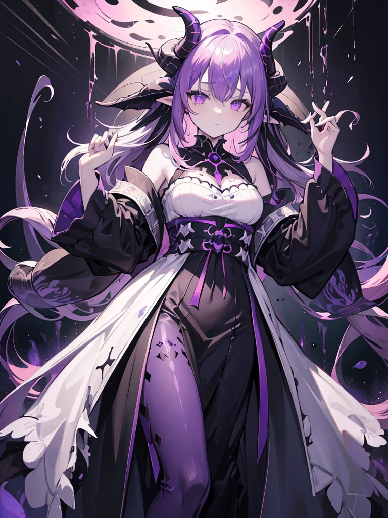absurdres, ((high-resolution)), ultra detailed, vivid colors, abyssal goddess, dark skin, horns, white hair, ((medium hair:1.2)), (sidelocks:1.3), purple eyes, disheveled hair, long sleeves, fril gothic dress, purple and pink outfit, abyssal, darkness, tentacles, fractal, psychedelic, Whimsical