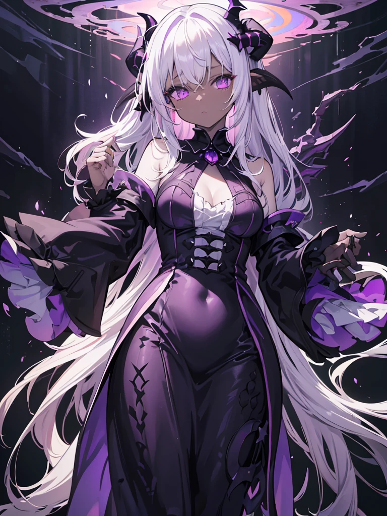 absurdres, ((high-resolution)), ultra detailed, vivid colors, abyssal goddess, dark skin, horns, white hair, ((medium hair:1.2)), (sidelocks:1.3), purple eyes, disheveled hair, long sleeves, fril gothic dress, purple and pink outfit, abyssal, darkness, tentacles, fractal, psychedelic, Whimsical