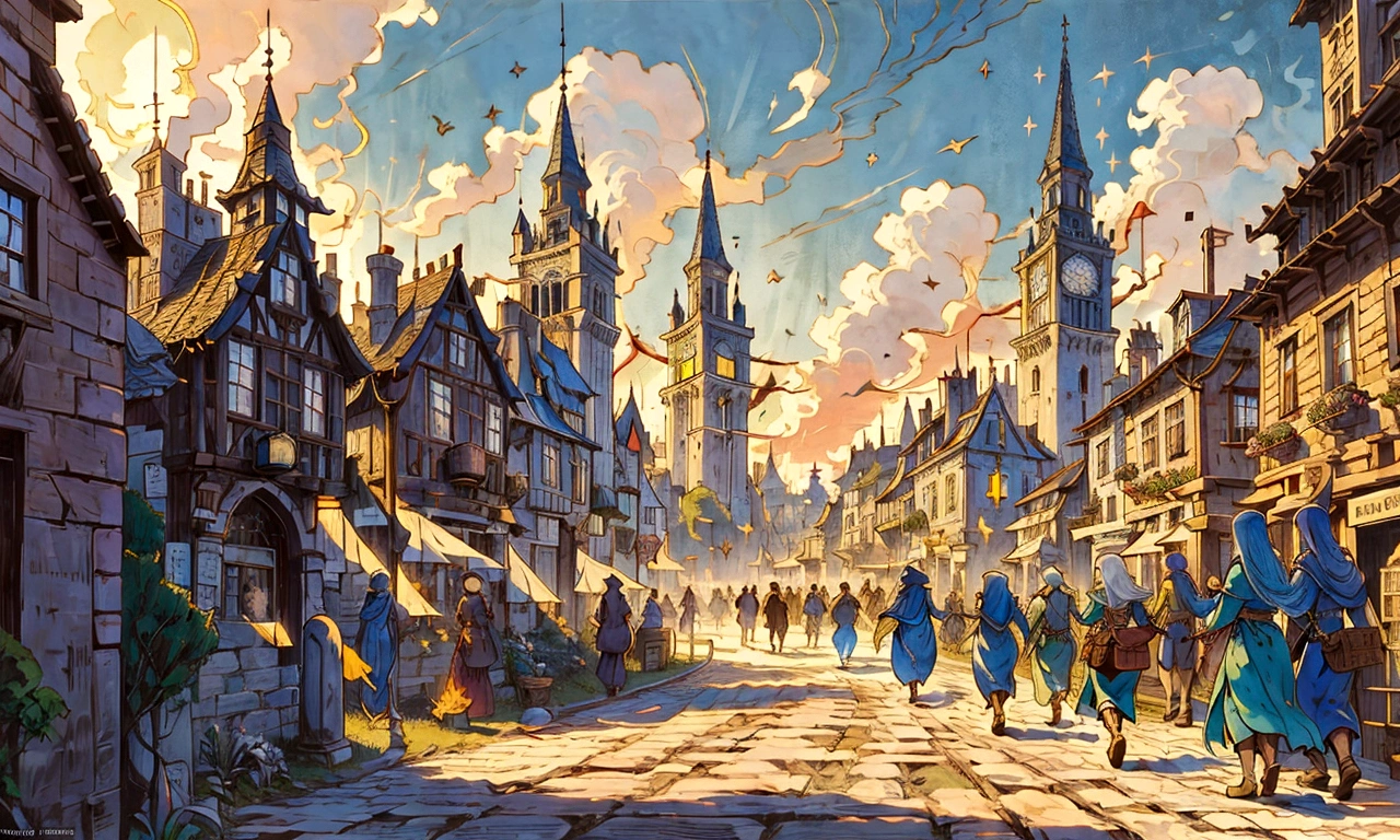 arafed view of a town with a clock tower and a clock tower, medieval town, a bustling magical town, medieval city, martin raphael lacoste, by Raphael Lacoste, inspired by Raphael Lacoste, medeival fantasy town, style of raphael lacoste, medieval town landscape, a medieval city, town background, fantasy town setting, medieval city background, bustling with people