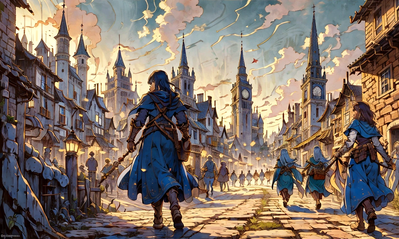 arafed view of a town with a clock tower and a clock tower, medieval town, a bustling magical town, medieval city, martin raphael lacoste, by Raphael Lacoste, inspired by Raphael Lacoste, medeival fantasy town, style of raphael lacoste, medieval town landscape, a medieval city, town background, fantasy town setting, medieval city background, bustling with people