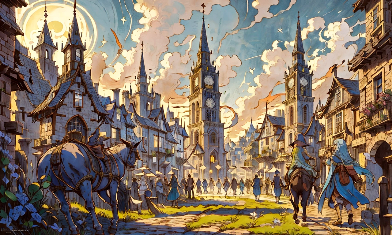 arafed view of a town with a clock tower and a clock tower, medieval town, a bustling magical town, medieval city, martin raphael lacoste, by Raphael Lacoste, inspired by Raphael Lacoste, medeival fantasy town, style of raphael lacoste, medieval town landscape, a medieval city, town background, fantasy town setting, medieval city background, bustling with people