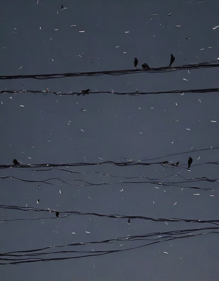  birds, electric pole with many electric cables in bangkok at night