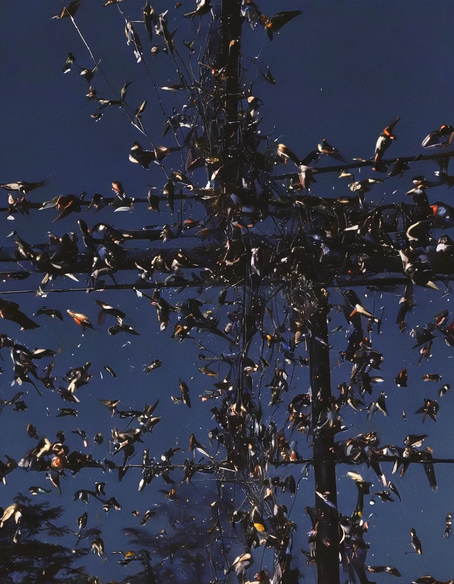 birds, electric pole with many electric cables in bangkok at night