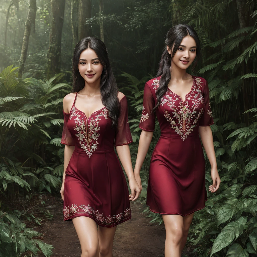 (Masterpiece:1.4), CG Unity 8k walpaper, ((Realistic: 1.2)), Ray Tracing, k, Beautiful 22 years girl, Asian realistic girl, Ultra Realistic, ultra HD, 1 girl, black hair, long hair, ponytail, standing, abandoned in a forest, Green Plants, Rain forest, soft lighting, realistic, SMOOTH FACE, full body photo, ((luxury Red embroidered bridesmaid above knee length dress)), ((luxury fully heavy worked embroidery dress)), perfect eyes, Beautiful smile, ((smile: 1.2)), Stylish look, sexy angles, realistic Skin, Perfect young body, Young figure , detailed background, Detailed skin, detailed dress, Long Black hair, cinematic lighting, cinematic Photography, High resolution Dress Quality, High resolution picture quality,
