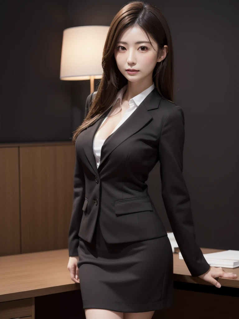 suit,2. woman,Realistic,(超high quality:1.2),Japanese,high quality,masterpiece,(Very detailed:1.4),40yo Japanese lady,Beautiful Face,(Very nice:1.4),(skirt-suit:1.1),((office)),(Small breasts),thin,High resolution,、Black background