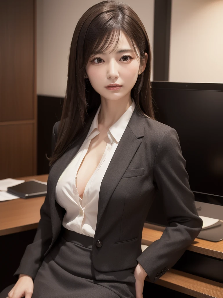 suit,2. woman,Realistic,(超high quality:1.2),Japanese,high quality,masterpiece,(Very detailed:1.4),40yo Japanese lady,Beautiful Face,(Very nice:1.4),(skirt-suit:1.1),((office)),(Small breasts),thin,High resolution,、Black background