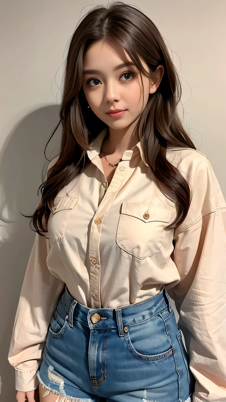 She is short, Brown hair and hazel eyes. She wore a simple salmon colored button down shirt and denim shorts. 
