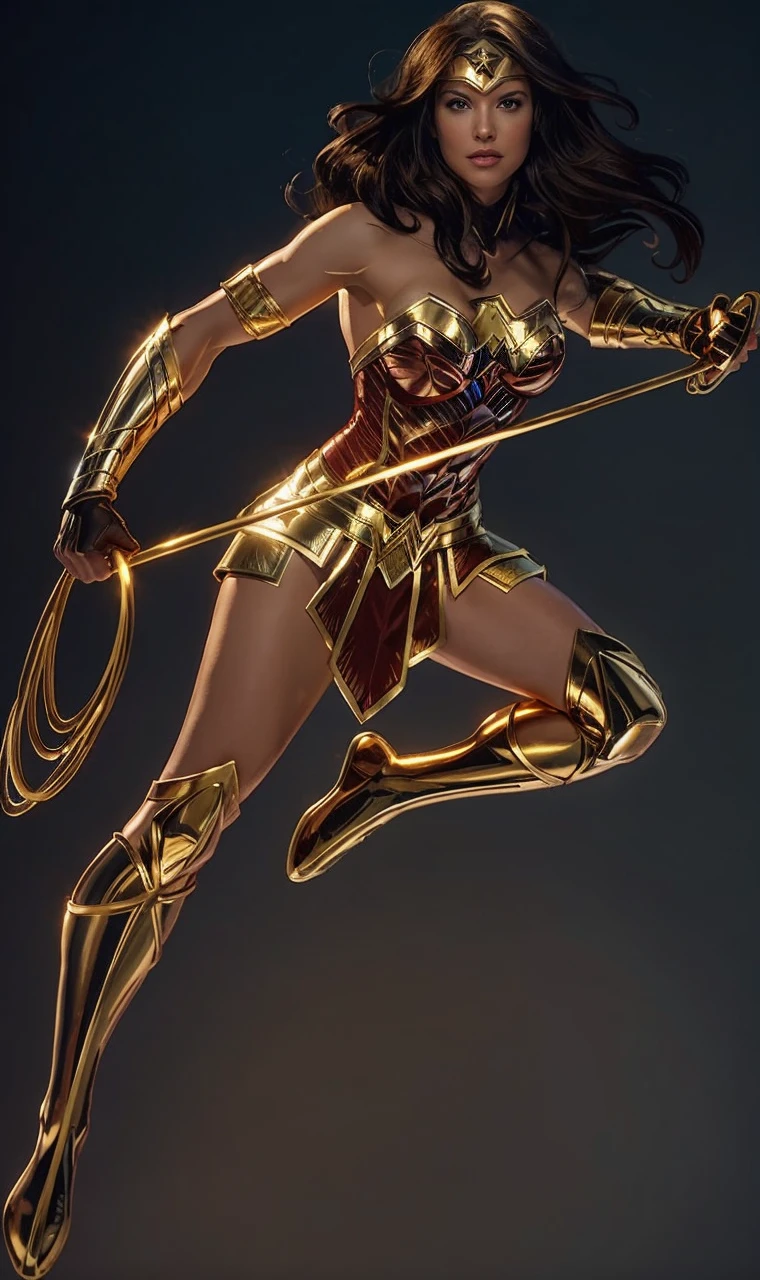 The character Wonder Woman flying in the skies,holding the golden and shiny rope, Holding your shiny golden bow, perfect costume, soft curves, bright blue eyes and gorgeous face beautiful face, beautiful mouth