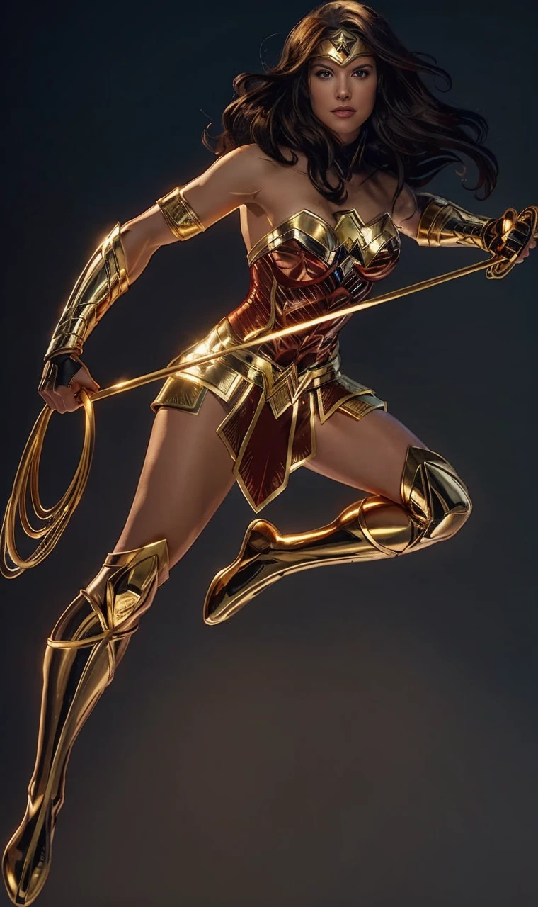The character Wonder Woman flying in the skies,holding the golden and shiny rope, Holding your shiny golden bow,   perfect costume, soft curves, bright blue eyes and gorgeous face beautiful face, beautiful mouth 